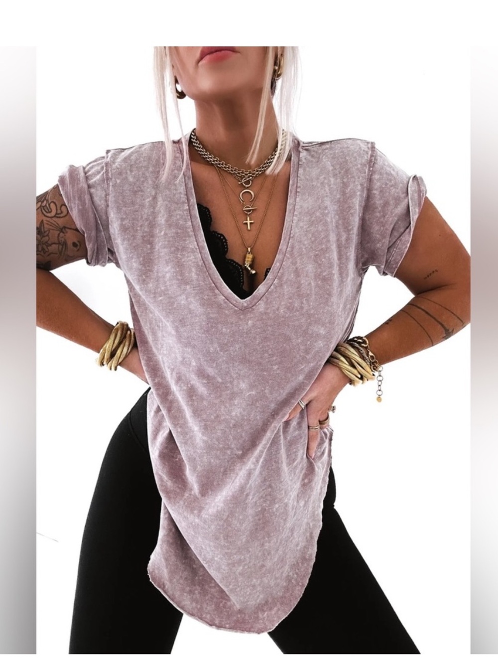 PEBBY FOREVEE PREMIUM PLUNGE V-NECK MINERAL WASHED SIDE SLIT TOP